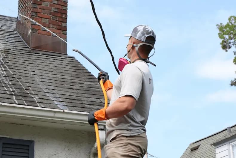 Cuyahoga Falls Power Washing professional performing gentle roof washing service in Cuyahoga Falls